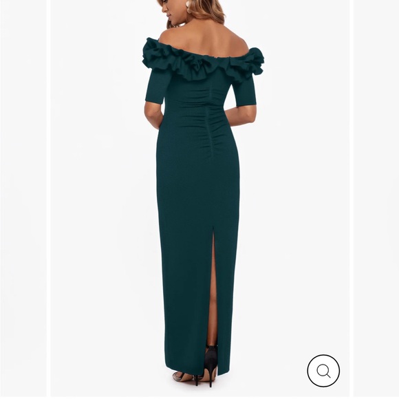 Xscape ISLA" LONG CREPE OFF THE SHOULDER RUFFLE DRESS NWT size 12 - Picture 2 of 4